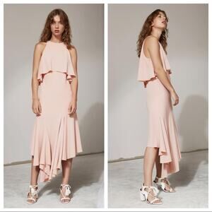 C/MEO COLLECTIVE Divergent Overlay Asymmetrical Midi Dress In Dusty Pink Size M